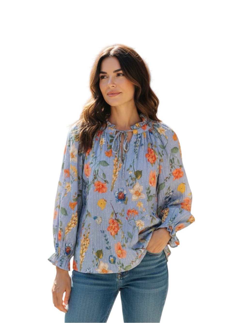 RACHEL Rachel Roy Light Blue Floral Rayon Tie-Neck Blouse Size L